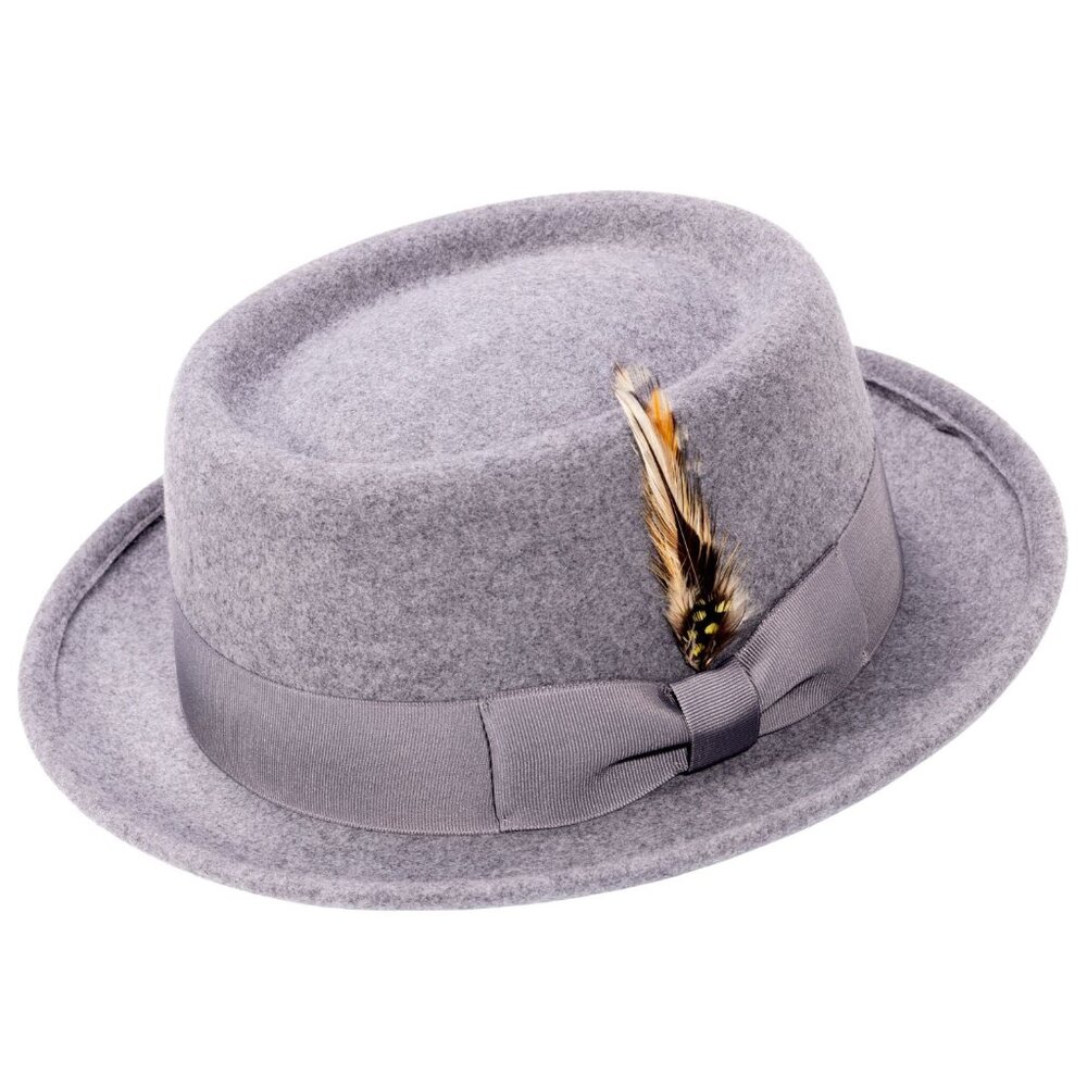 MONTIQUE GREY PORK PIE  HAT WITH FEATHER ACCENT.        H-88